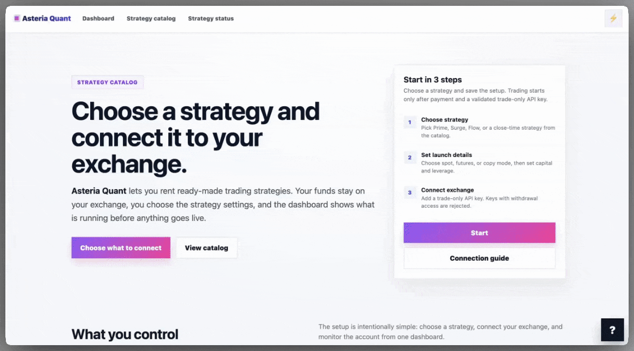 Asteria Quant landing interface with strategy execution overview