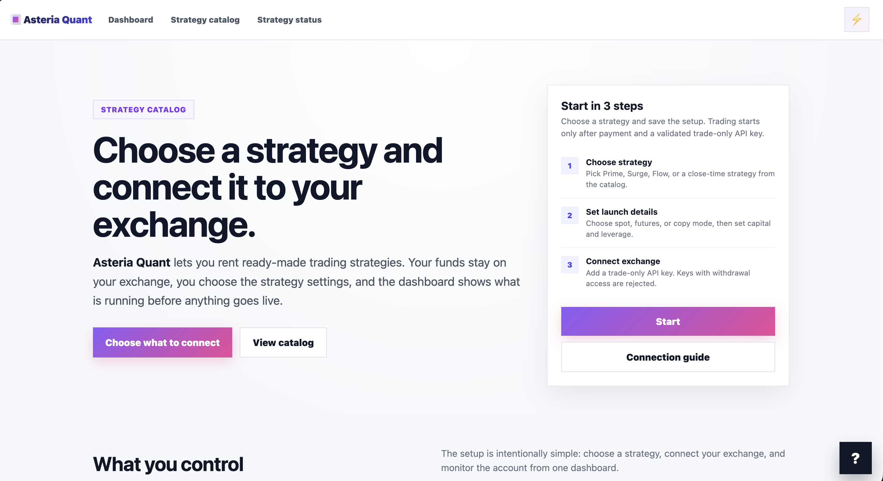 Asteria Quant strategy execution dashboard preview